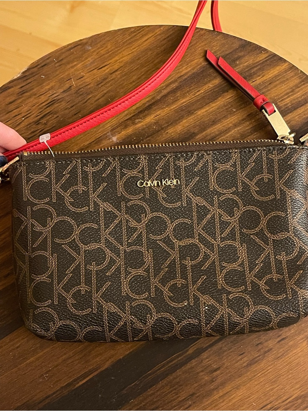 Calvin Klein Brown Monogram Crossbody with Red Strap
